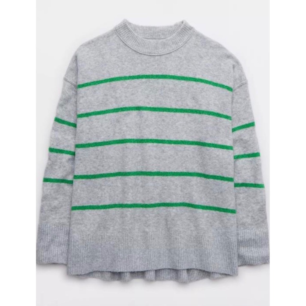 Aerie Striped Crew Neck Sweater Gray Green Oversized Pullover P6Sx7583 M